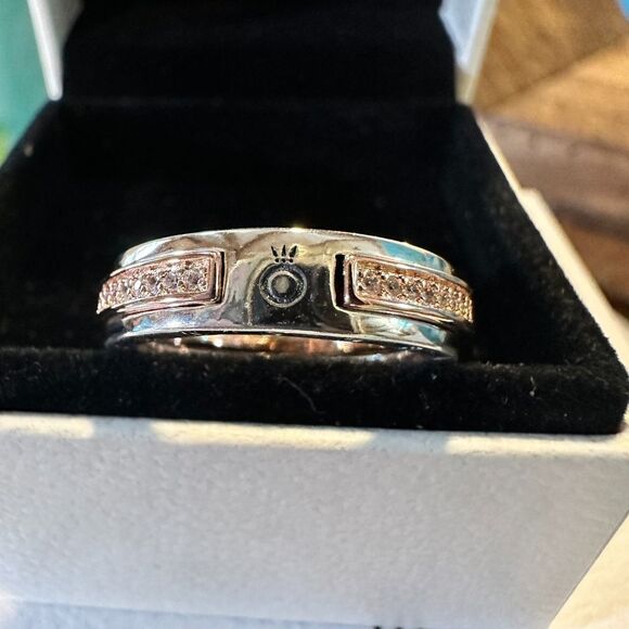 Genuine Pandora Rose Gold Signature Two-Tone Logo Pave Ring 182773C 52(6) - Picture 3 of 11